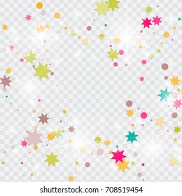 Vector multicolored confetti on transparent background. Falling tinsel and confetti from minimalistic geometrical triangles and ribbons. Flat glitter. Abstract festive decoration and ribbons.
