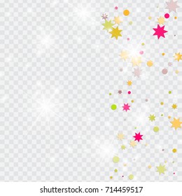 Vector multicolored confetti on transparent background. Falling tinsel and confetti from minimalistic geometrical triangles and ribbons. Flat glitter. Abstract festive decoration and ribbons.