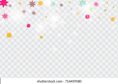 Vector multicolored confetti on transparent background. Falling tinsel and confetti from minimalistic geometrical triangles and ribbons. Flat glitter. Abstract festive decoration and ribbons.