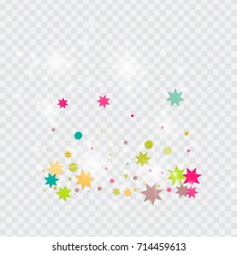 Vector multicolored confetti on transparent background. Falling tinsel and confetti from minimalistic geometrical triangles and ribbons. Flat glitter. Abstract festive decoration and ribbons.