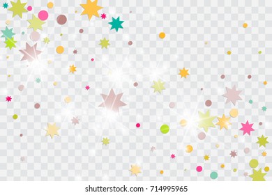 Vector multicolored confetti on transparent background. Falling tinsel and confetti from minimalistic geometrical triangles and ribbons. Flat glitter. Abstract festive decoration and ribbons.