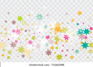 Vector multicolored confetti on transparent background. Falling tinsel and confetti from minimalistic geometrical triangles and ribbons. Flat glitter. Abstract festive decoration and ribbons.