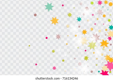 Vector multicolored confetti on transparent background. Falling tinsel and confetti from minimalistic geometrical triangles and ribbons. Flat glitter. Abstract festive decoration and ribbons.