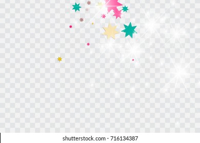Vector multicolored confetti on transparent background. Falling tinsel and confetti from minimalistic geometrical triangles and ribbons. Flat glitter. Abstract festive decoration and ribbons.