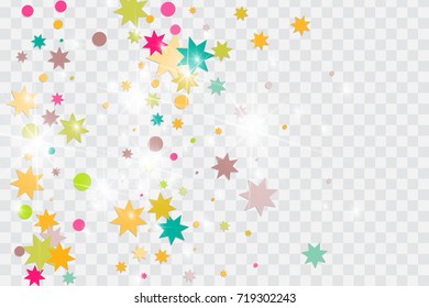 Vector multicolored confetti on transparent background. Falling tinsel and confetti from minimalistic geometrical triangles and ribbons. Flat glitter. Abstract festive decoration and ribbons.