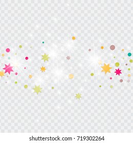 Vector multicolored confetti on transparent background. Falling tinsel and confetti from minimalistic geometrical triangles and ribbons. Flat glitter. Abstract festive decoration and ribbons.