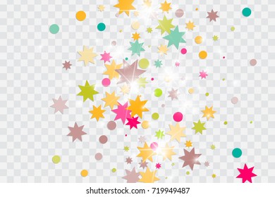 Vector multicolored confetti on transparent background. Falling tinsel and confetti from minimalistic geometrical triangles and ribbons. Flat glitter. Abstract festive decoration and ribbons.