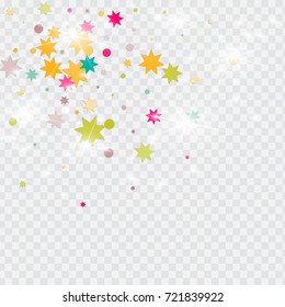 Vector multicolored confetti on transparent background. Falling tinsel and confetti from minimalistic geometrical triangles and ribbons. Flat glitter. Abstract festive decoration and ribbons.
