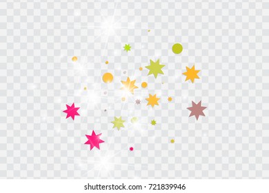 Vector multicolored confetti on transparent background. Falling tinsel and confetti from minimalistic geometrical triangles and ribbons. Flat glitter. Abstract festive decoration and ribbons.