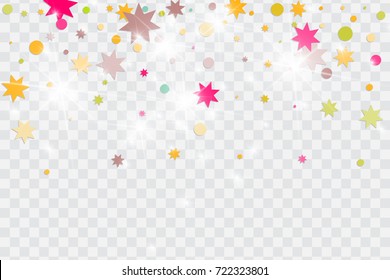 Vector multicolored confetti on transparent background. Falling tinsel and confetti from minimalistic geometrical triangles and ribbons. Flat glitter. Abstract festive decoration and ribbons.