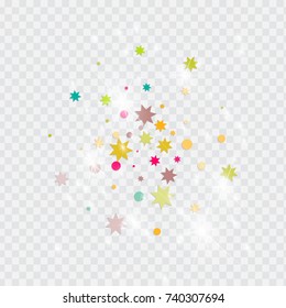 Vector multicolored confetti on transparent background. Falling tinsel and confetti from minimalistic geometrical triangles and ribbons. Flat glitter. Abstract festive decoration and ribbons.