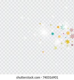 Vector multicolored confetti on transparent background. Falling tinsel and confetti from minimalistic geometrical triangles and ribbons. Flat glitter. Abstract festive decoration and ribbons.