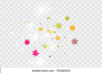 Vector multicolored confetti on transparent background. Falling tinsel and confetti from minimalistic geometrical triangles and ribbons. Flat glitter. Abstract festive decoration and ribbons.