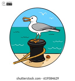 Vector multicolored with contour image of a seagull that sits on the dock with a sea background. Picture for postcard or T-shirt or poster