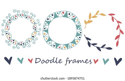 Vector multicolored doodle frames. Hand drawn set on white background