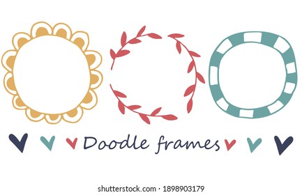 Vector multicolored doodle frames. Hand drawn set on white background