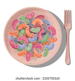 Vector multicolored elbow pasta in coral plate with fork isolated on white background. Top view of the dish. Realistic illustration.