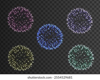 Vector Multicolored fireworks on isolated transparent background. Sparkle Light Firework. Holiday fireworks. Firework, Vector, Fire, Festive set colorful fireworks celebration card, festival banner