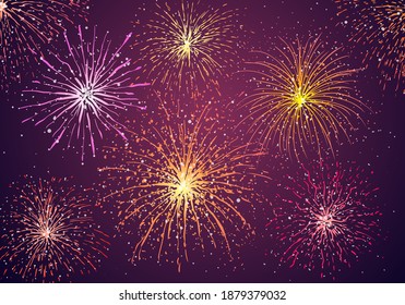 Vector multicolored fireworks on purple background.