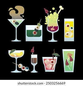 vector multicolored flat set of spooky halloween cocktails