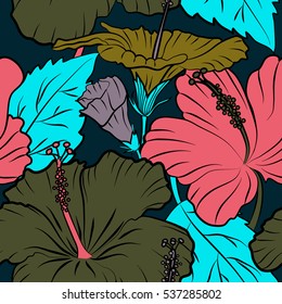 Vector multicolored floral pattern. Hand drawn floral texture, multicolor decorative flowers on blue background.