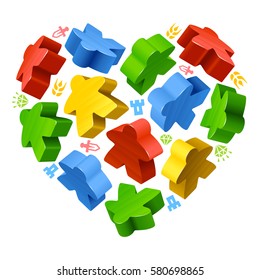 Vector multicolored game pieces in the shape of heart. Red, blue, green and yellow wooden meeples, and resources counter icons isolated on white background. Concept of love by board games