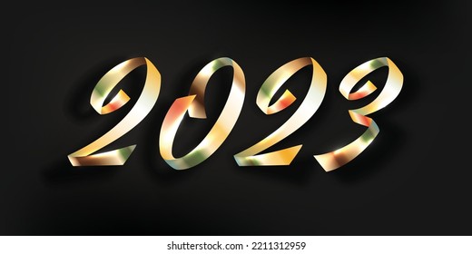 Vector multicolored glitter ribbon numbers for poster, brochure, banner, ticket. Festive date from serpentine with shadow on black background. Happy new year 2023