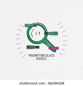 Vector multicolored hand-drawn doodles, icon, stamp. Magnifying glass concept