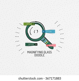 Vector multicolored hand-drawn doodles, icon, stamp. Magnifying glass concept