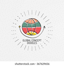 Doodles dibujados a mano multicolores vectores, icono, sello. Globe