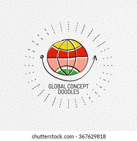 Vetor multicolorido desenhos à mão rabiscos, ícone, selo. Globo