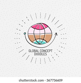 Doodles dibujados a mano multicolores vectores, icono, sello. Globe