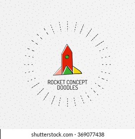 Vector multicolored hand-drawn doodles, icon, stamp. Rocket
