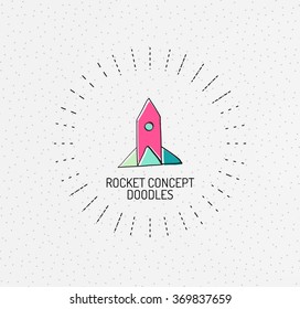 Doodles dibujados a mano multicolores vectores, icono, sello. Cohete