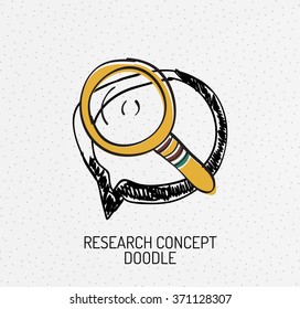 Doodles dibujados a mano multicolores vectores, icono, sello. Concepto de vidrio de aumento