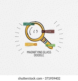 Doodles dibujados a mano multicolores vectores, icono, sello. Concepto de vidrio de aumento