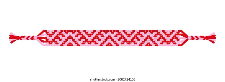 Vector multicolored handmade hippie friendship bracelet of pink and red threads. Macrame normal pattern.