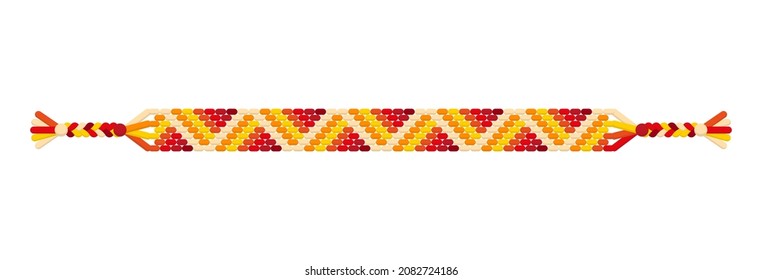 Vector multicolored handmade hippie friendship bracelet of red, orange and yellow threads. Macrame normal pattern.