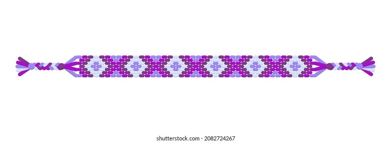 Vector multicolored handmade hippie friendship bracelet of violet threads. Macrame normal pattern.