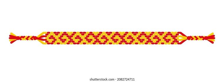 Vector multicolored handmade hippie friendship bracelet of red and yellow threads. Macrame normal pattern.