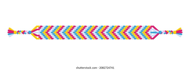 Vector multicolored handmade hippie friendship bracelet of red, yellow and blue threads. Macrame normal pattern.