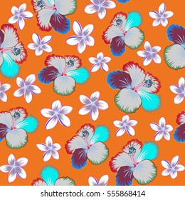 Vector multicolored hibiscus pattern a orange background. Seamless tropical flowers, leaves and buds.