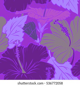 Vector multicolored hibiscus pattern a violet background. Seamless tropical flowers, leaves and buds.