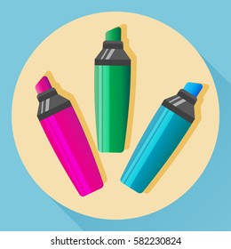 Vector multicolored highlighters icon. Isolated objects. Flat style