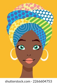 Ilustración multicolor del rostro de la mujer con turbante. Arte estilizado.
