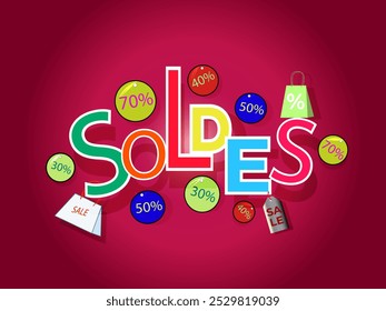 Vector . Multicolored inscription special sale offer with sale elements in French.Banner SOLDES.Sale discount template for marketing promotion, retail, store, boutique, online store or website.