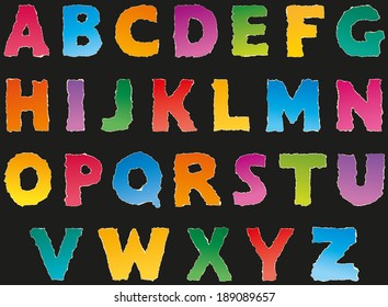Vector multicolored letters of the Latin alphabet from torn scraps of colored paper 