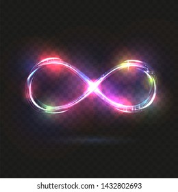 Vector multicolored magic glowing light infinity sign swirl trail on black background. Blue neon glitter fire spark spiral wavy line.