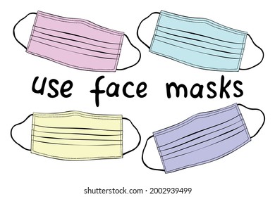 Mascarillas médicas multicolores vectoriales en estilo doodle con letras. Medios de protección contra virus y enfermedades. Para infografías sobre el tema de la cuarentena, la pandemia del coronavirus