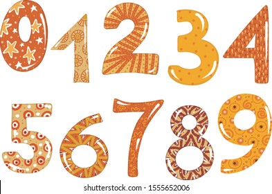 Vector multicolored numbers. Orange, yellow and red. From zero to nine.